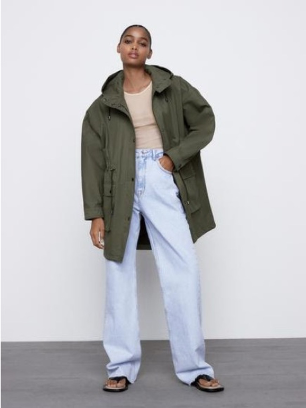 ZARA Long Hooded Parka in Dark Khaki Women’s Size L